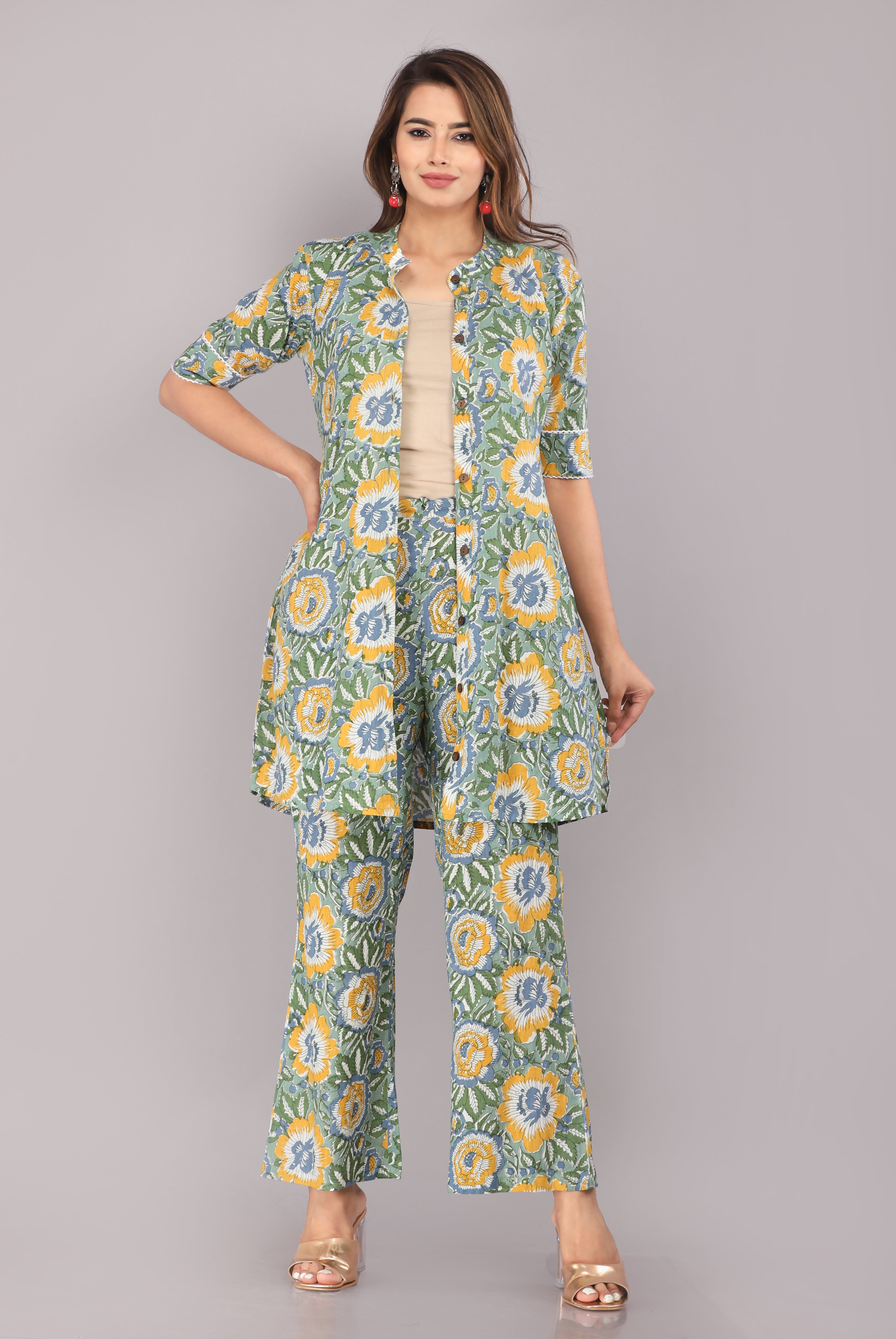 Green Floral Printed Pure Cotton Co-ord Set