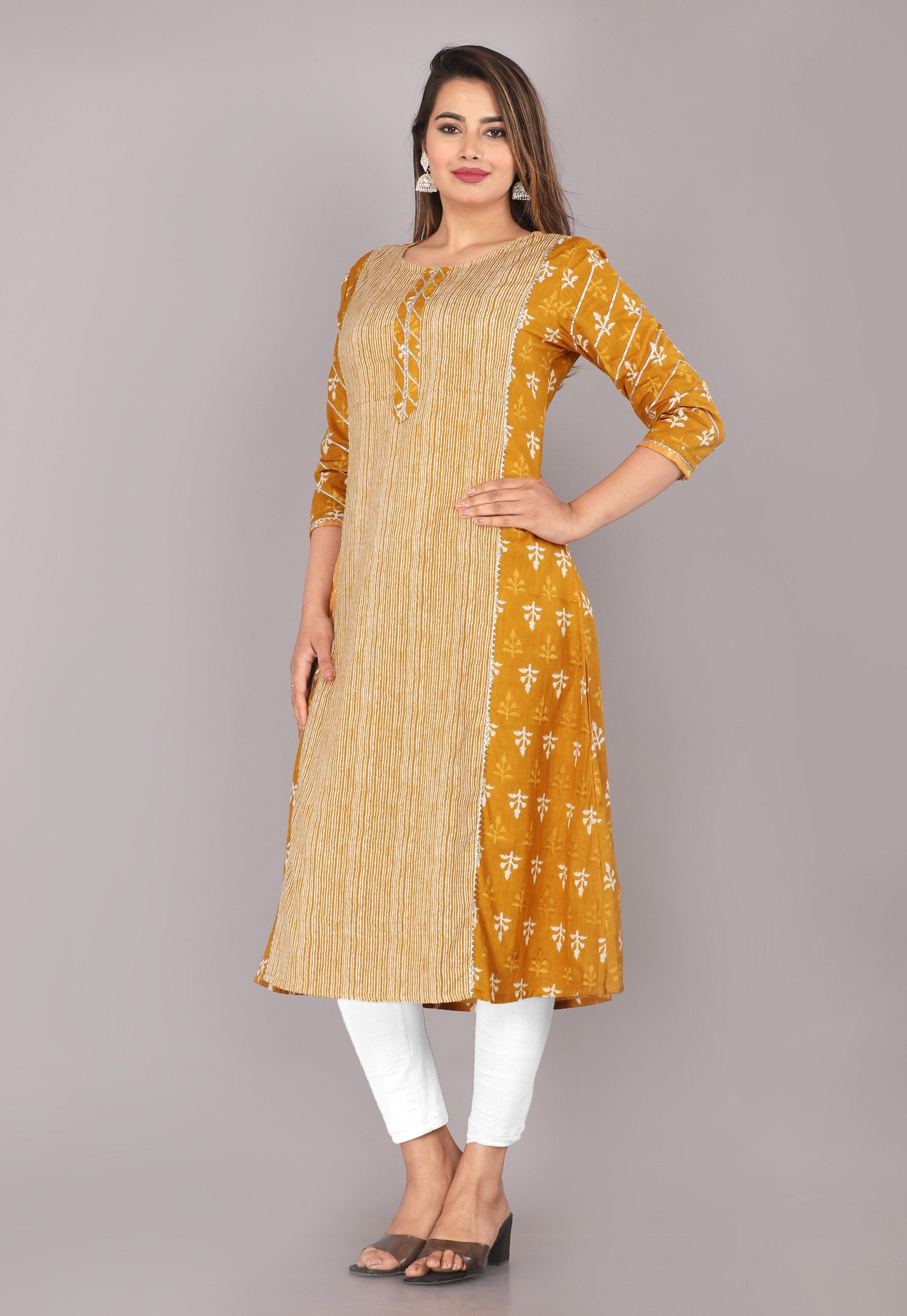 side view of Yellow cotton block print kurti for women