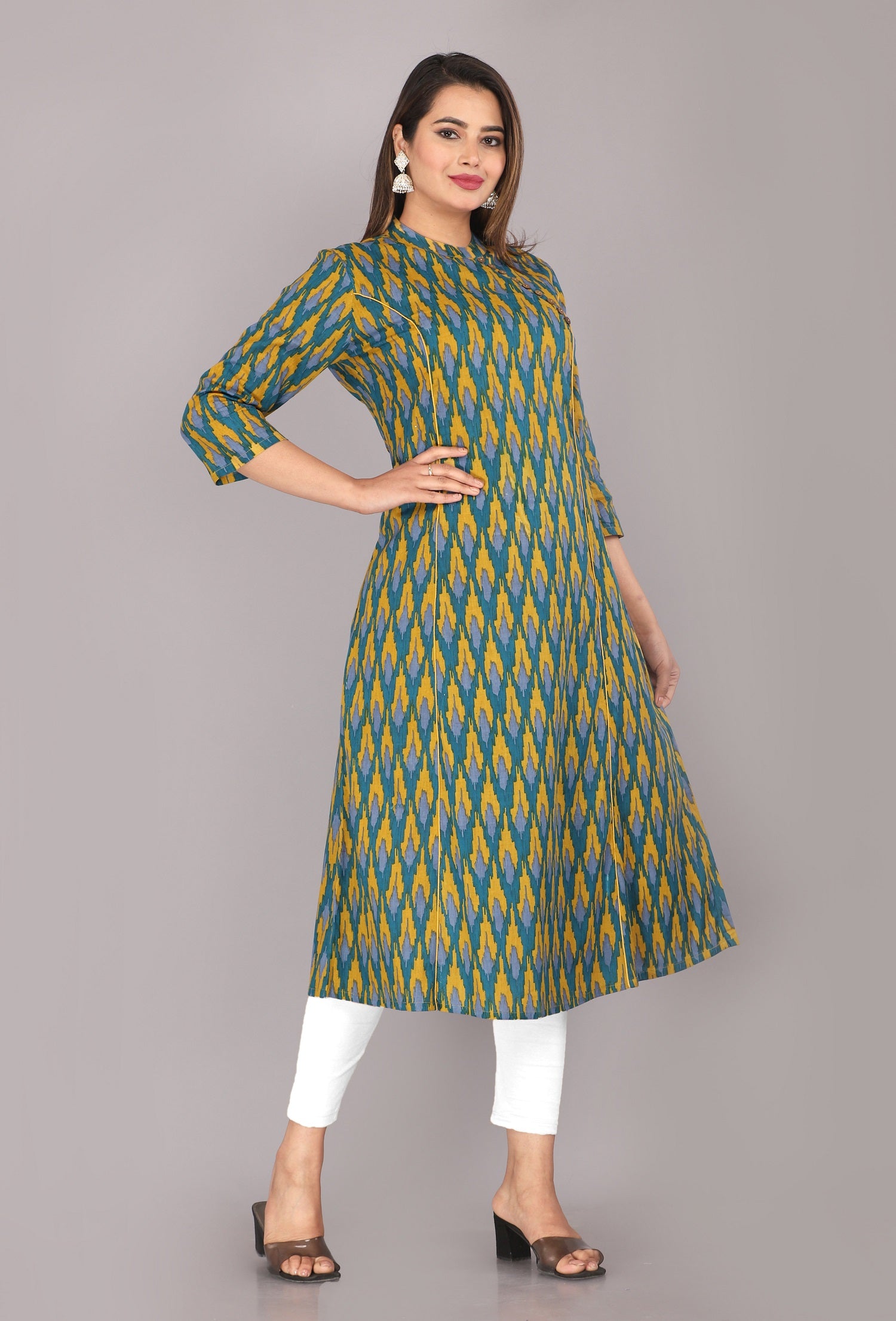 side view of [color] cotton block print kurti for women
