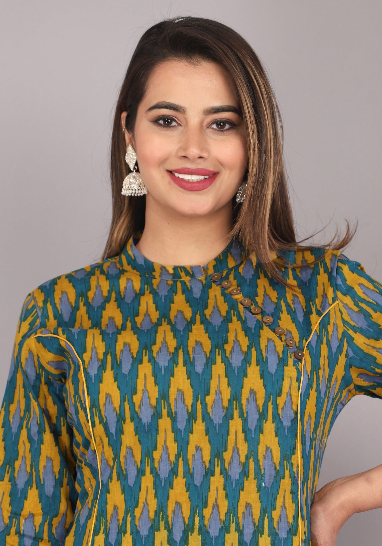 close-up of traditional Jaipuri block print on cotton kurti