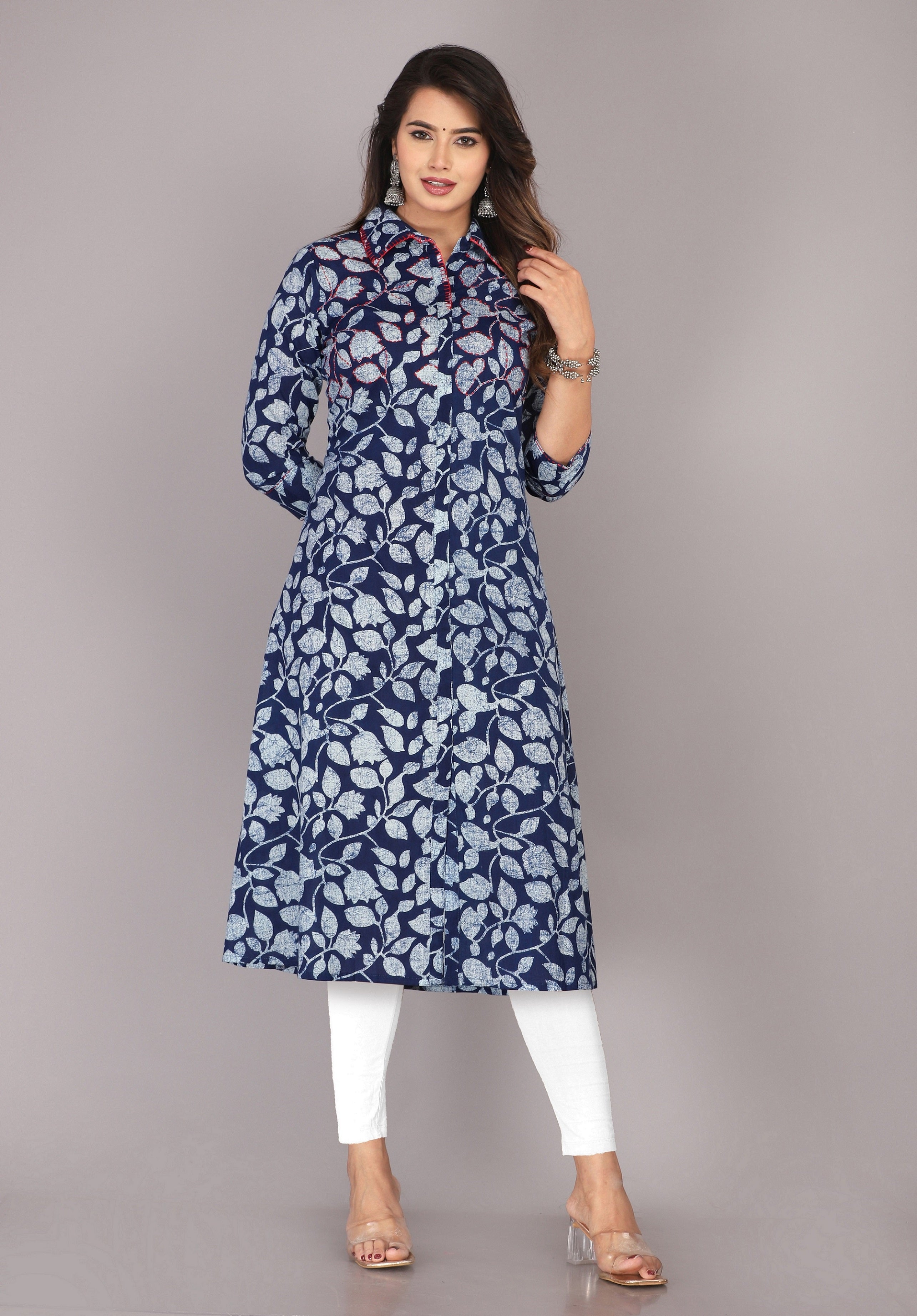 side view of [color] cotton block print kurti for women