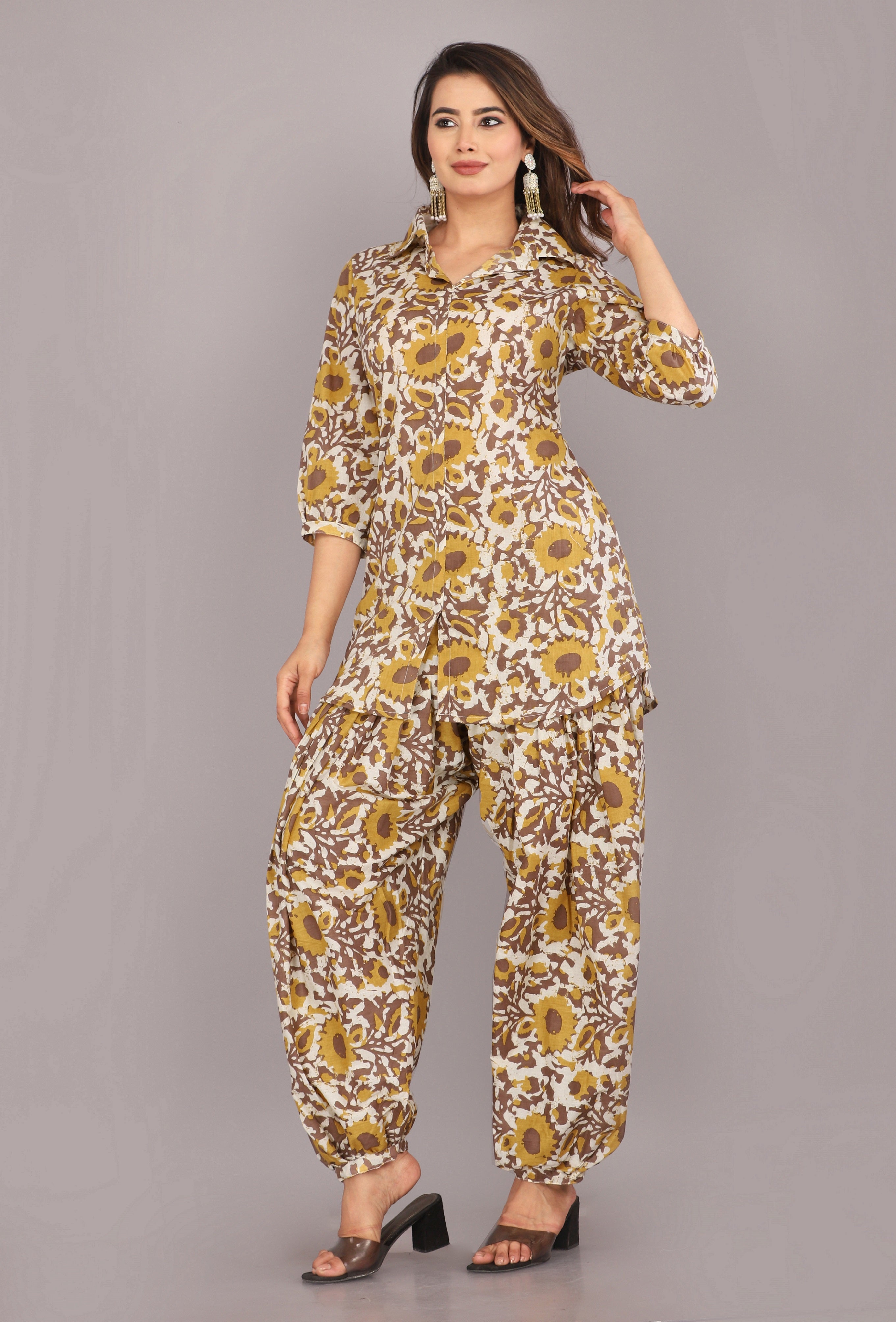 women [Yellow] pure cotton block printed co-ord set