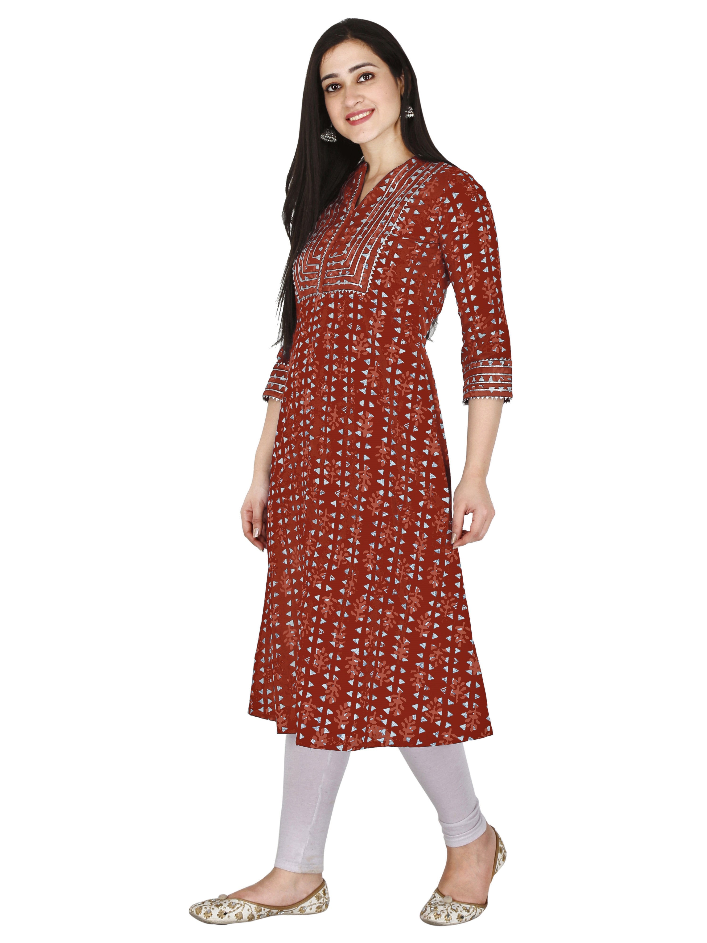side view of Maroon cotton block print kurti for women