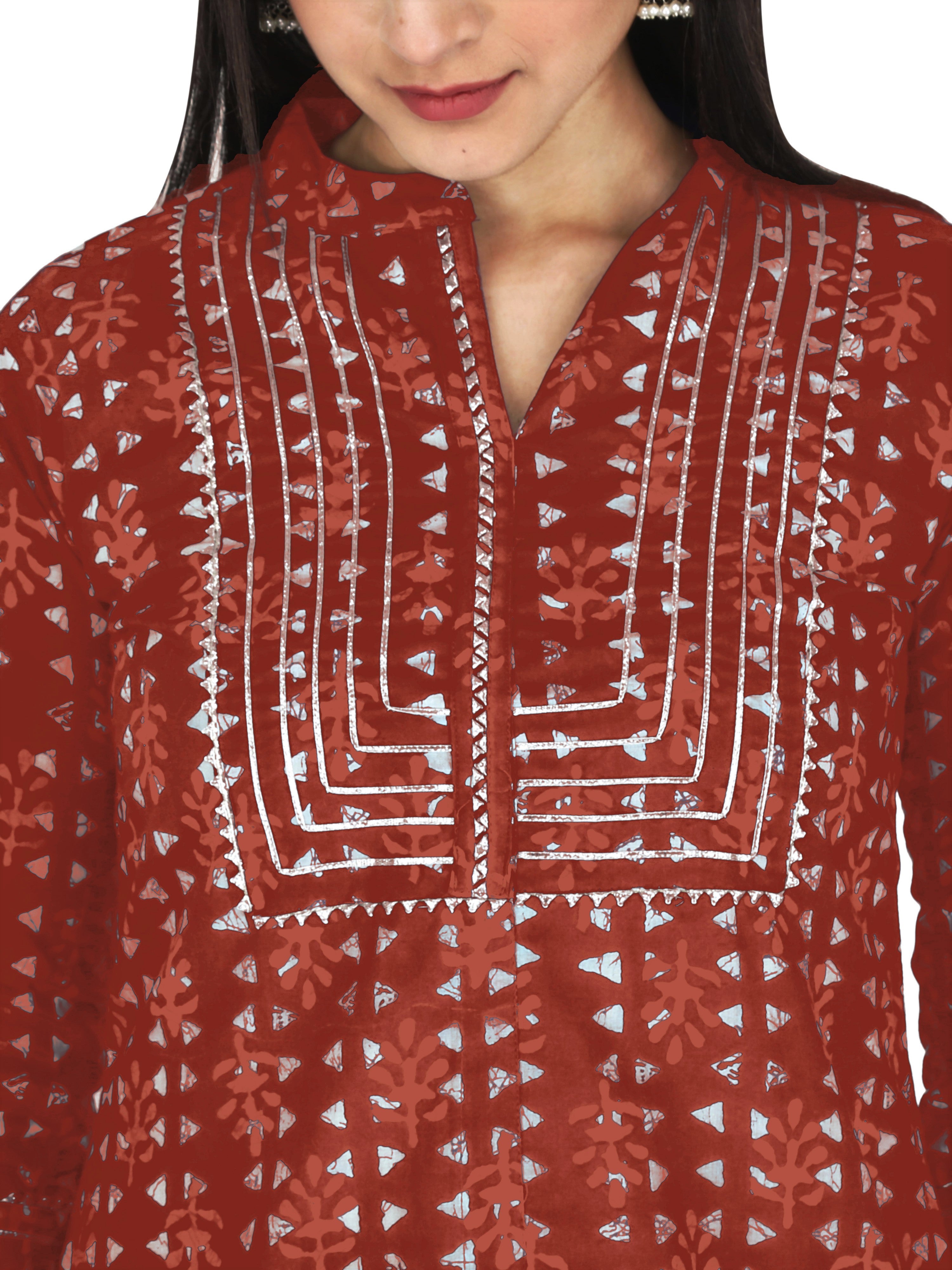 close-up of traditional Jaipuri block print on cotton kurti