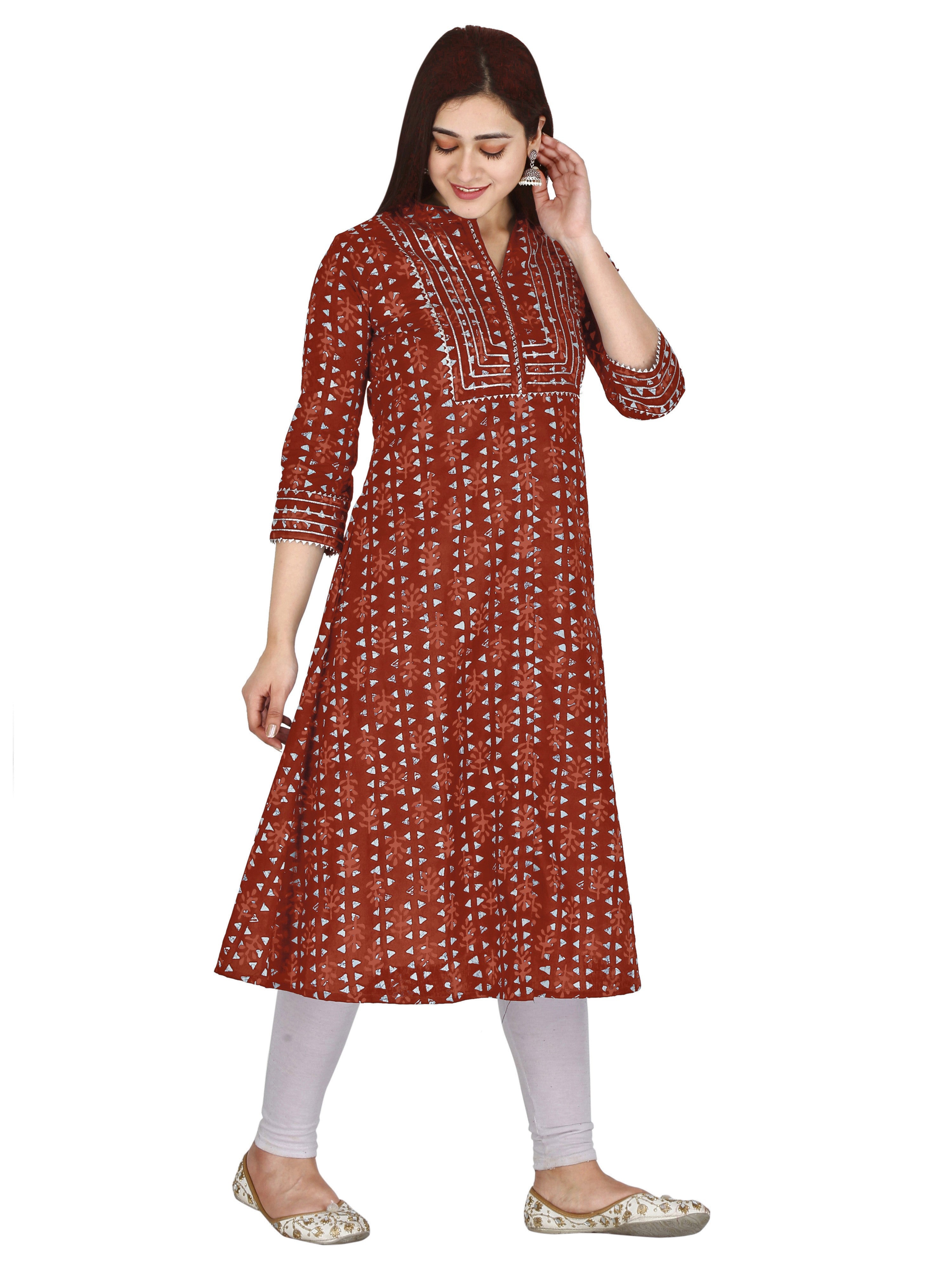 side view of Maroon cotton block print kurti for women