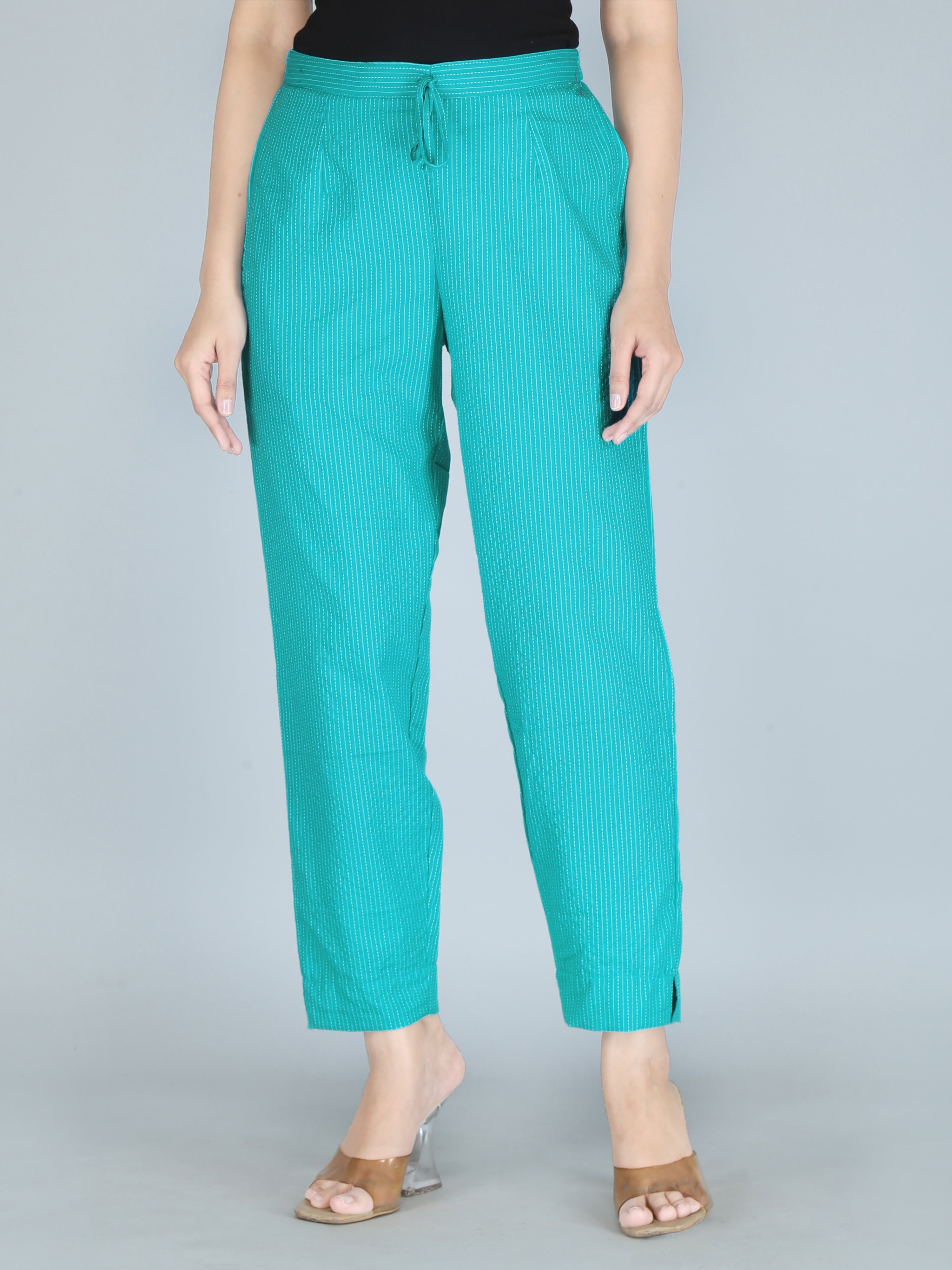 Turquoise Color Pure Cotton Kantha Dobby Dyed Pants