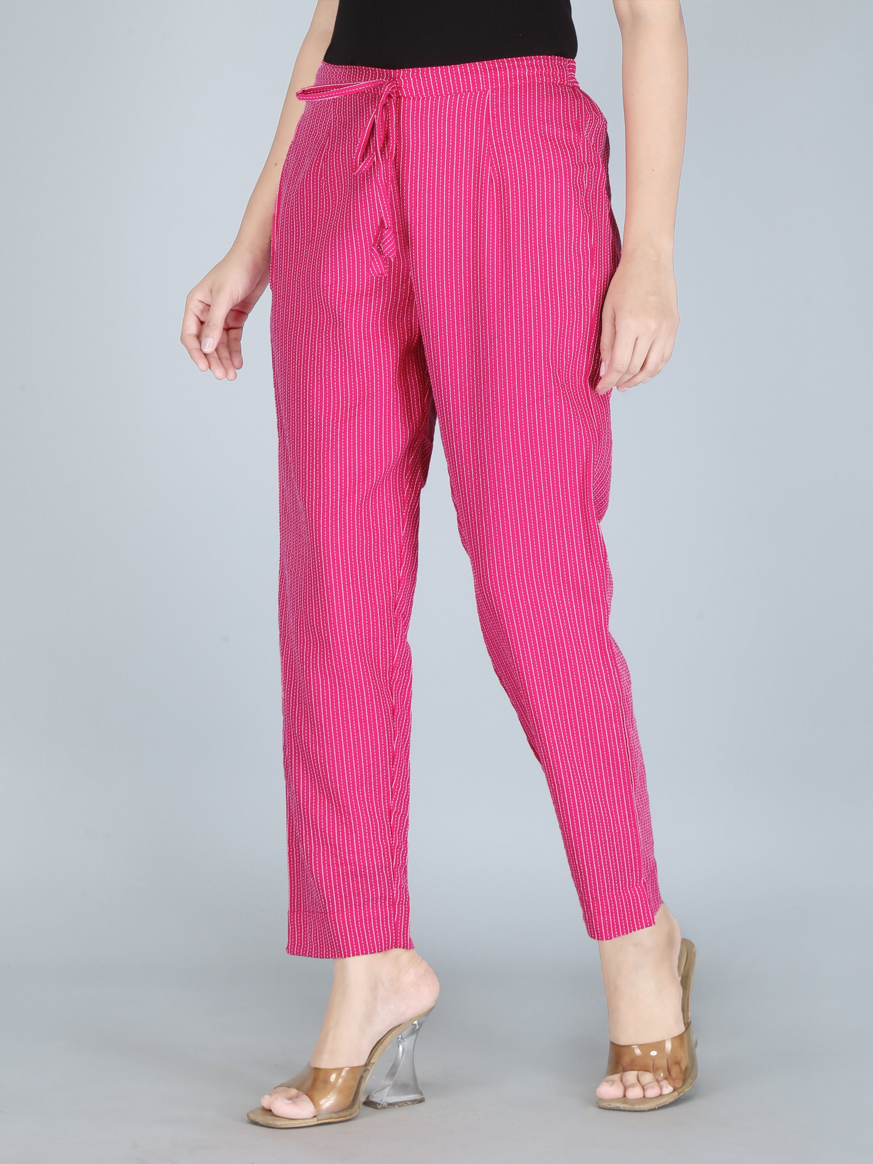 Fuchsia Pink Color Pure Cotton Kantha Dobby Dyed Pants