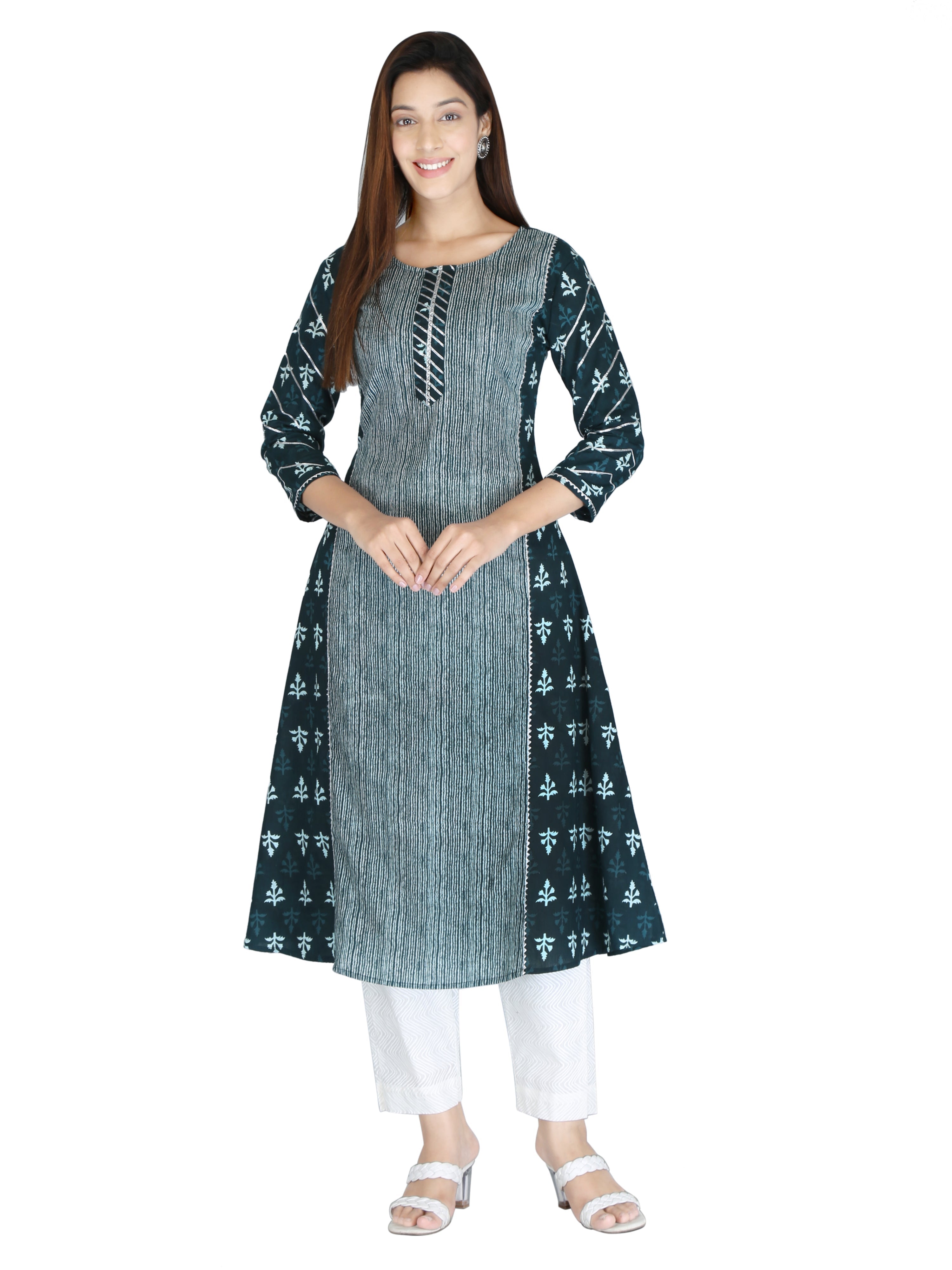 Lime Green Floral Printed Pure Cotton Kurta