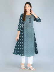 side view of Green cotton block print kurti for women