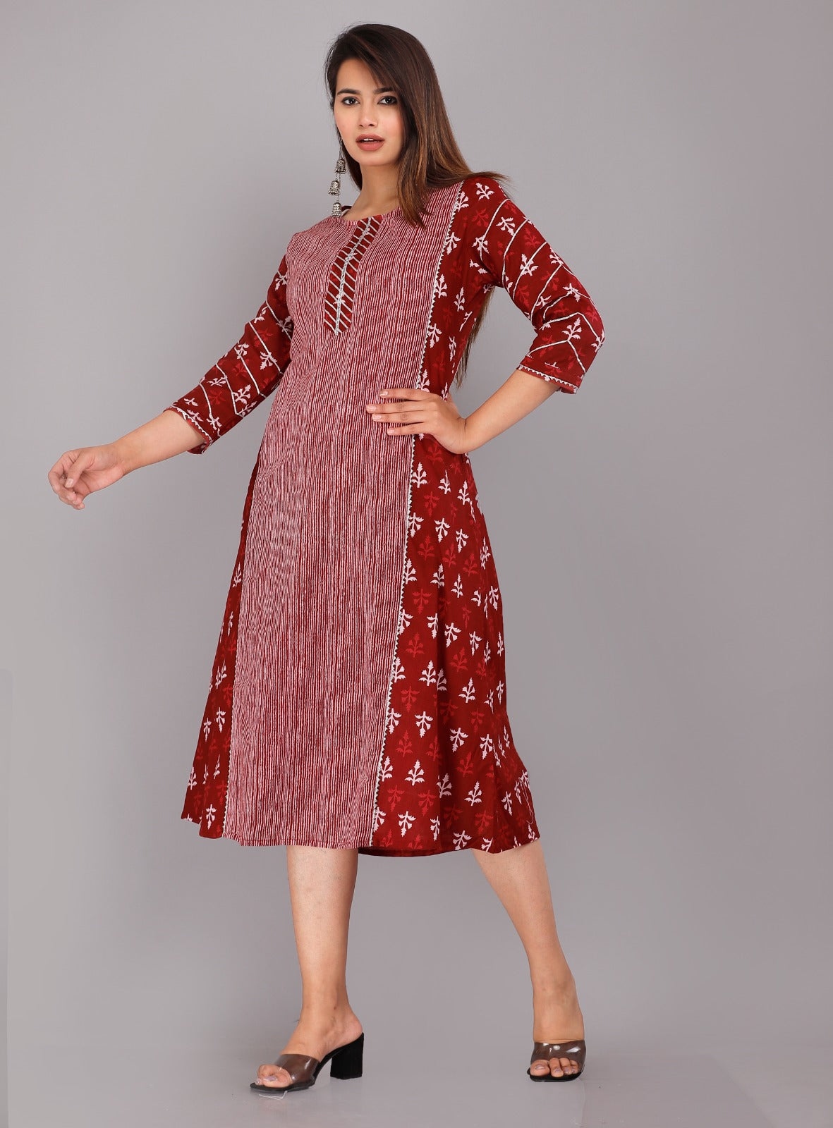 side view of Maroon cotton block print kurti for women